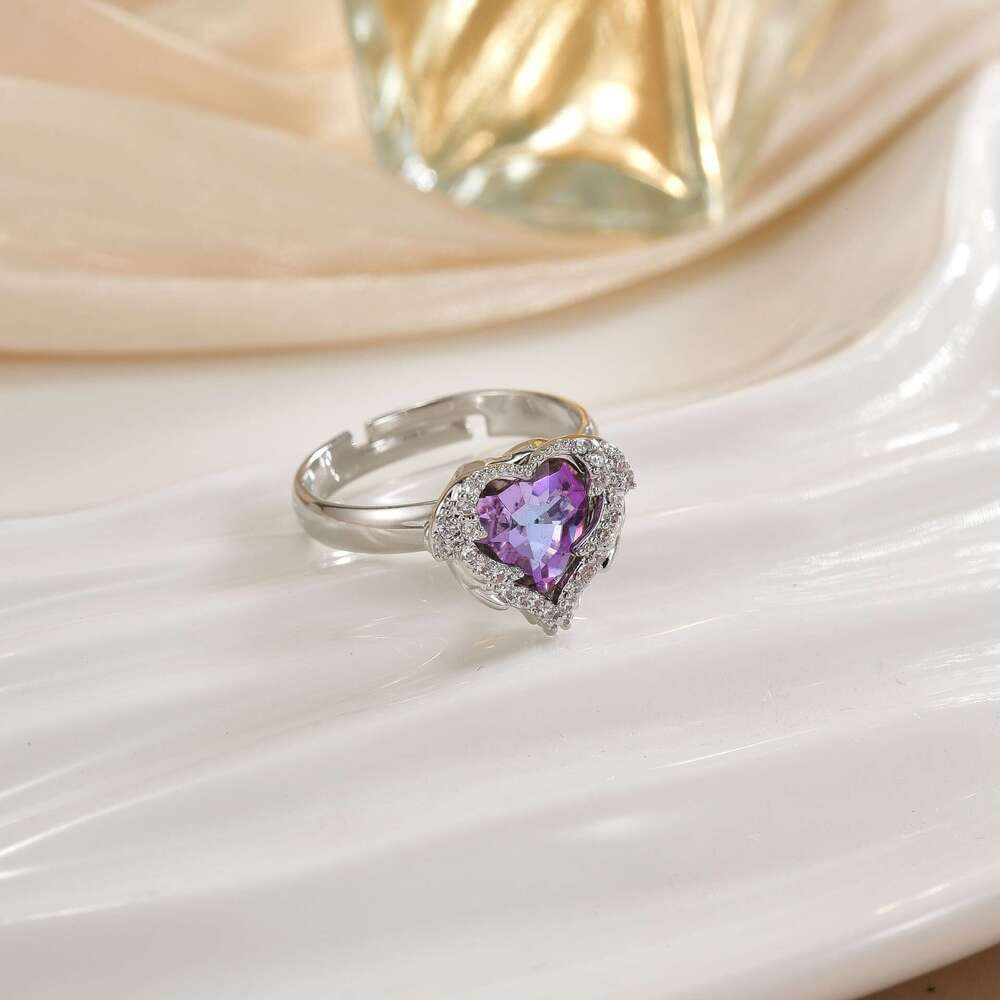 Daily Flash Diamond Crystal Zircon Micro Paved Sweet Versatile Heart Flower Open Ring Hand Jewelry E4a