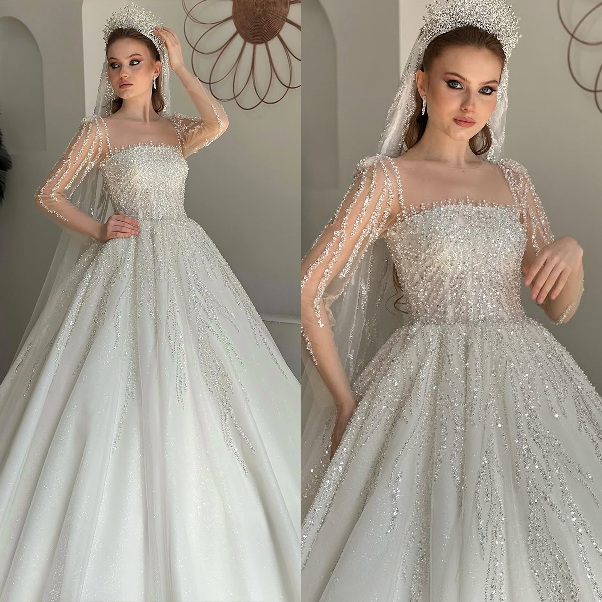 Luxury Beaded Wedding Dresses Square Long Sleeve Lace A Line Bridal Gowns Back Sweep Train Customized Vestidos De Novia