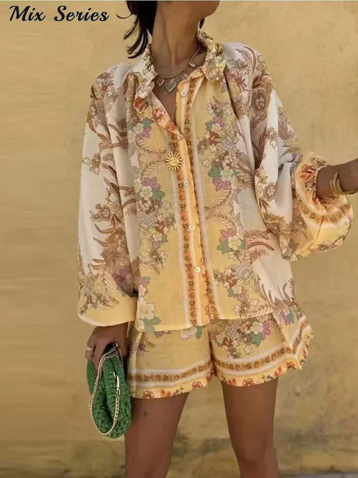 Casual Print Tops Shorts Sets Loose Stand Collar Lantern Sleeve Top High Waist Short Pant 2025 Summer Lady Vacation Suit 250714