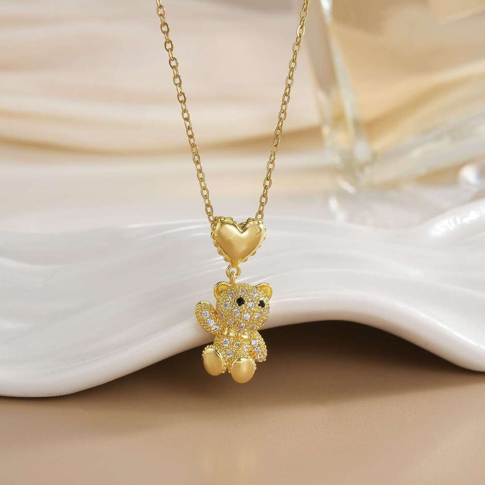 Necklace For Women, Elegant Full Dia Cute Bear Necklace, Ins Fashion, Japanese And Korean Style, Titanium Steel Collarbone Chain F5f
