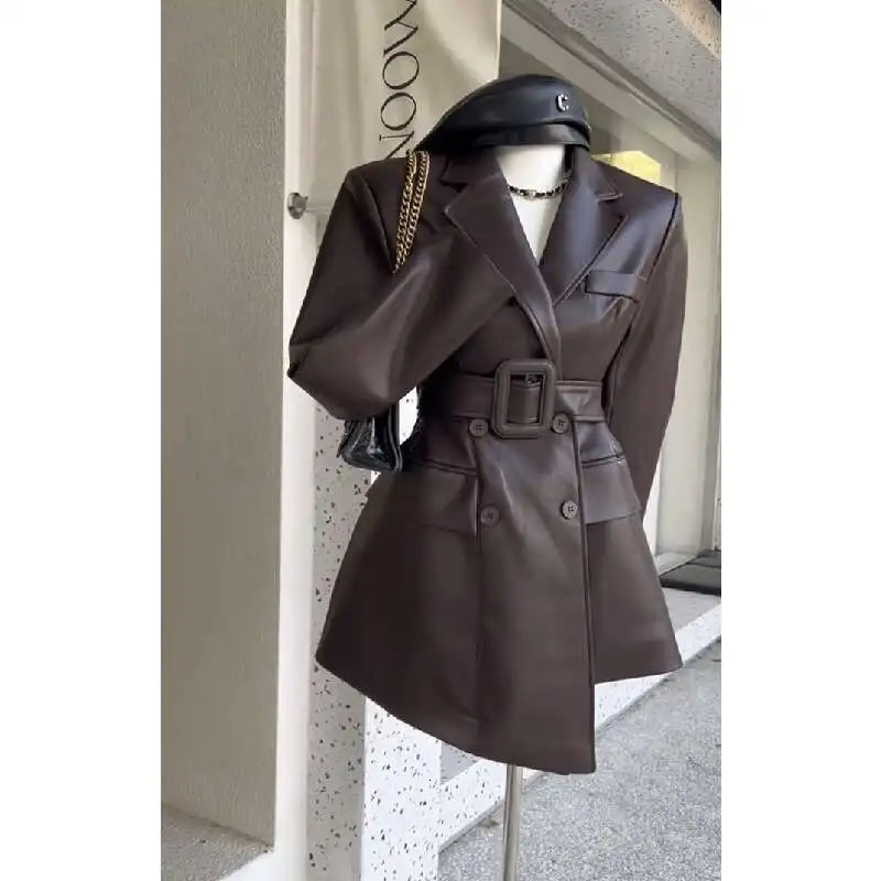 Coffee Color Retro Leather Jacket Women Clothing Autumn High End Waist Cinched Slimmimg Mid Length Suit Coat for Women 250715