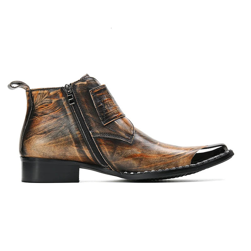 Retro Motorcycle Boots Steel Pointed High Heels Western Brown Double Buckle with Side Zipper Denim Boots for Men 250715