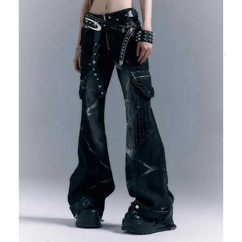 American Streetwear Grunge Flare Jeans Women Low Rise Riveted Gothic Vintage Denim Pants Harajuku Y2K Punk Slim Trousers R250716
