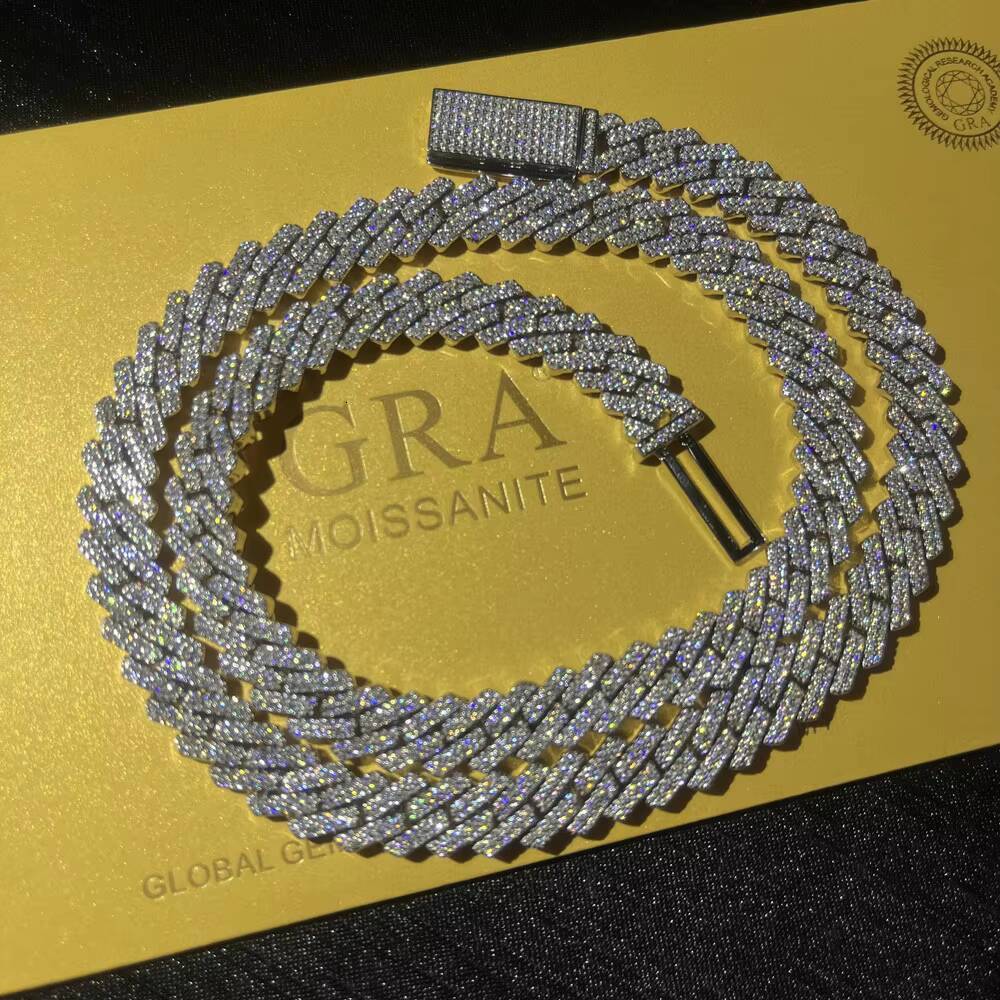 Shining 10mm 2 Rows Silver Cuban Link Chain Ice VVS Moissanite HipHop Cuban Chain