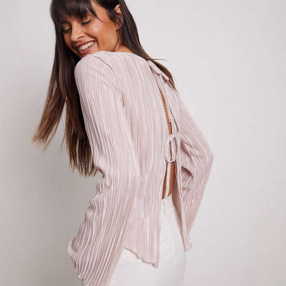 Pleated Blouse For Women Summer Elegant Temperament Slim Fit Bell Sleeve Back Tie Short Shirt B5