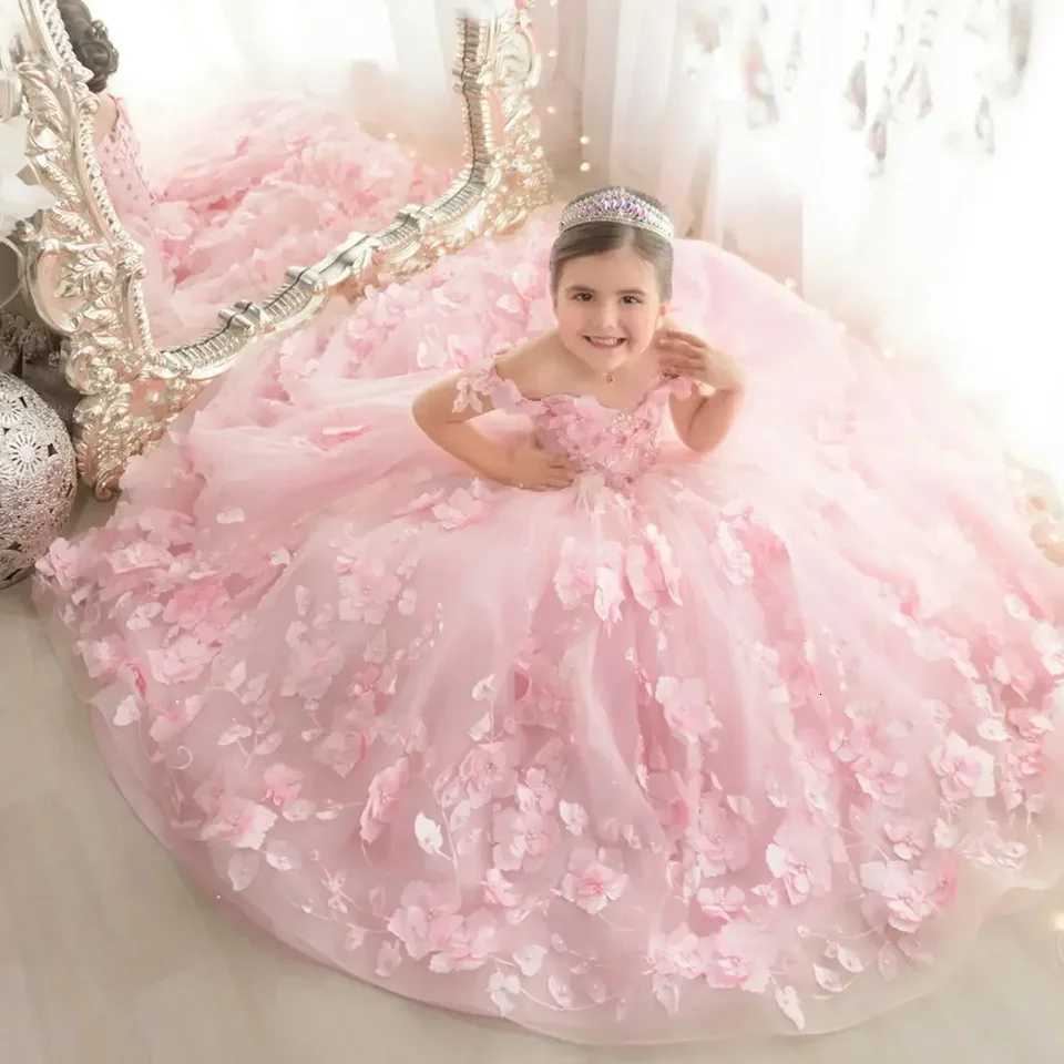 Pink 3d Applique Flower Girl Dress For Wedding Off Shoulder Luxurious Pearls Tulle Child First Eucharistic Birthday Party Dress Z250716