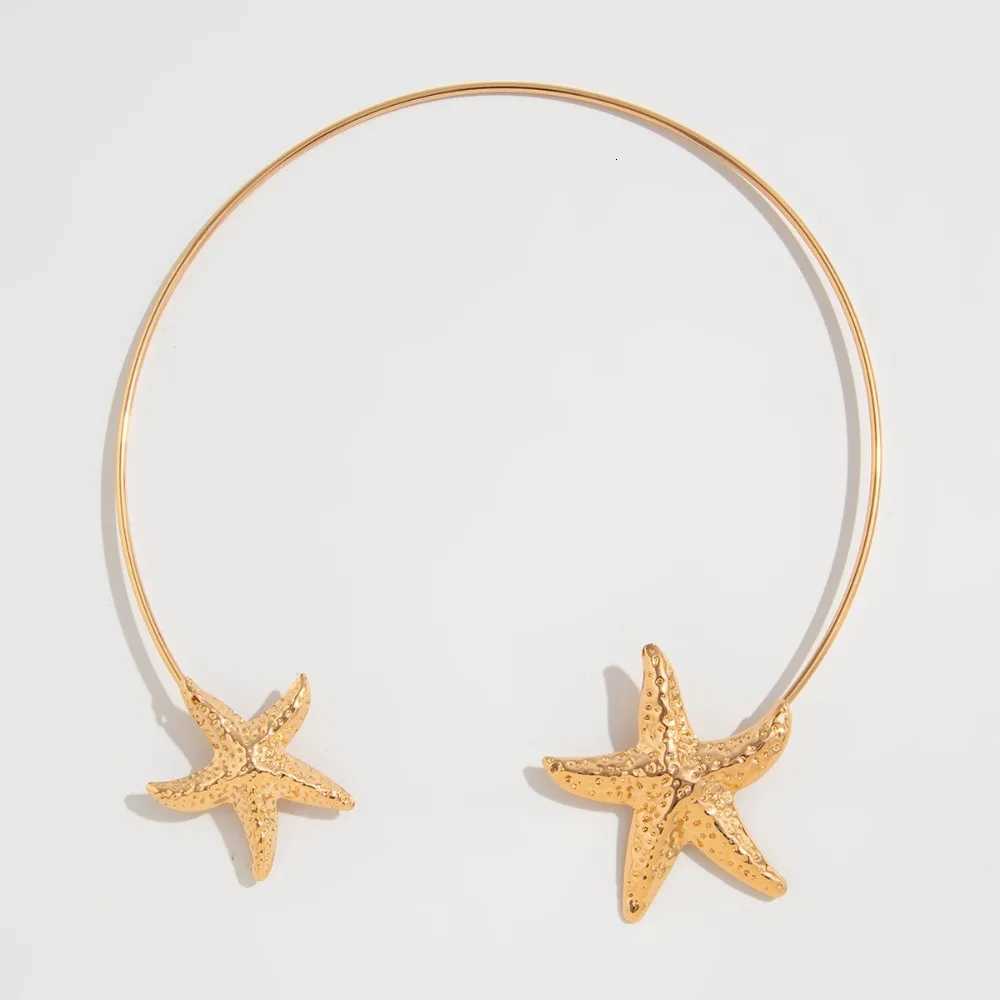Gold Color Starfish Shell Pendant Necklace Metal Neck Jewelry Open Torque Necklace Adjustable Boho Jewelry XJ250717