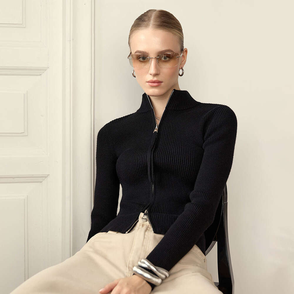 Stand Collar Slim Fit Long Sleeve Autumn Winter New Double Zipper Cardigan Warm Knitted Jacket For Women B5