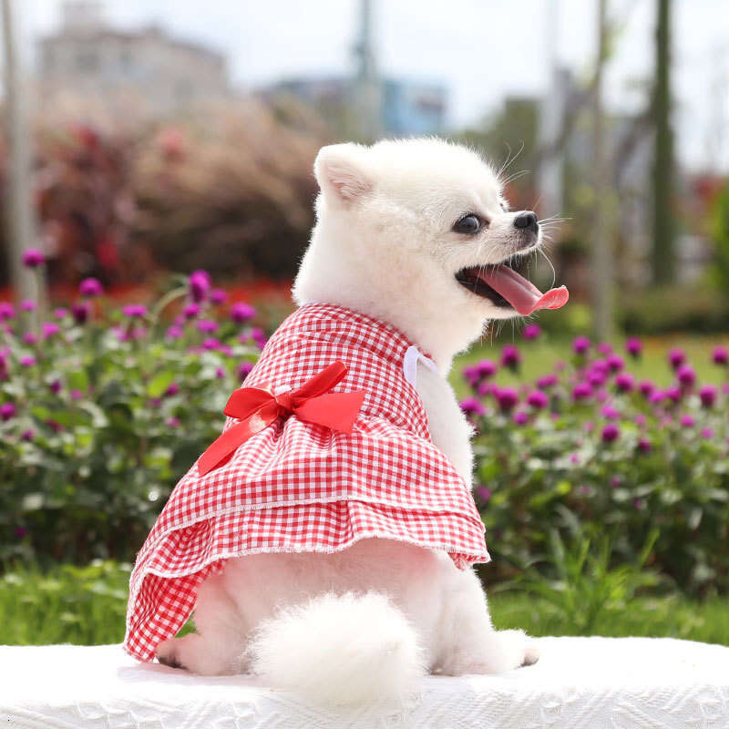 Pet Dress With Bowknot Gown Dog Wedding Dress Spring Summer New Plaid Pet Cat Clothes Supplies Pomeranian
