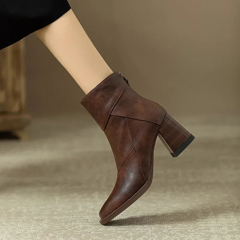 Woman Chunky Ankle Boots Women Zipper Retro Brown Soft Leather Short Boot Autumn Square Toe Casual High Heel Booties Mujer 250716
