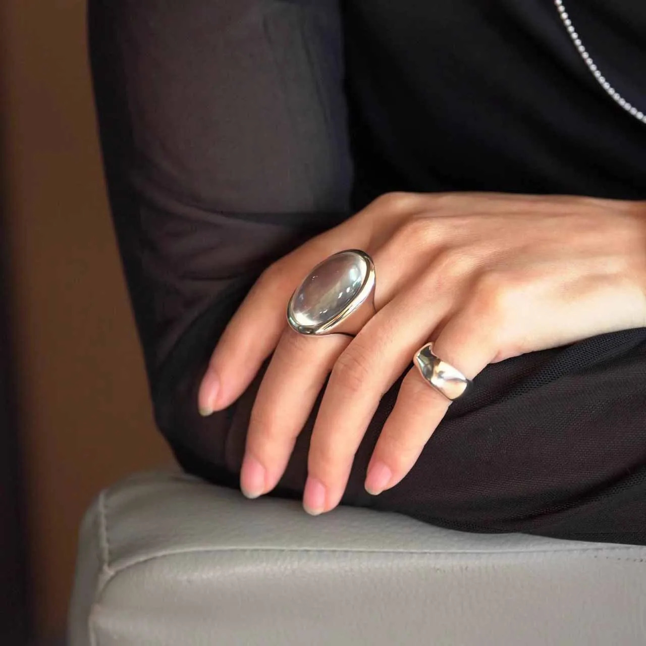 PANJBJ 925 Sterling Silver Geometry Crystal Ring For Women Ellipse Exaggerated Punk Water Drop Open Jewelry Gift Drop 250716