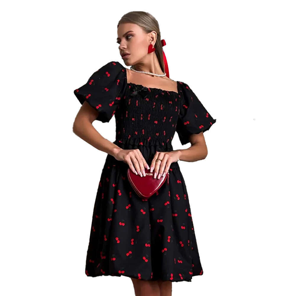Square Neck Puff Sleeve Summer New Waist-Cinching Printed Short Dress B5