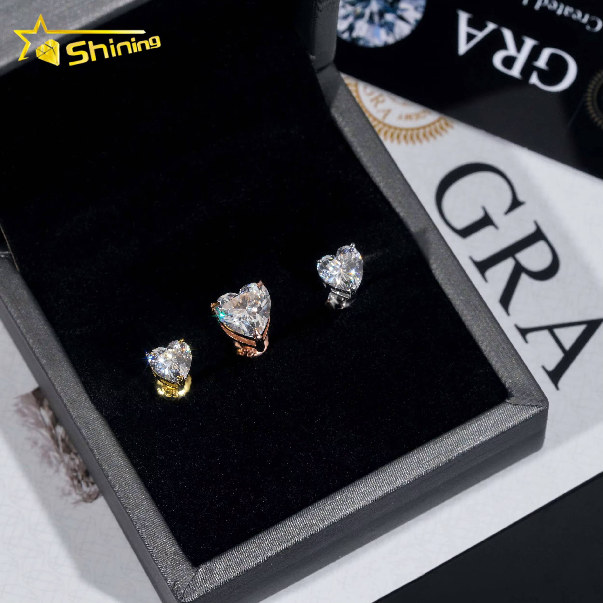 Fine Jewelry Women 925 Silver Stud Earrings Pass Diamond Tester Heart Shape Moissanite Earrings Ready to Ship