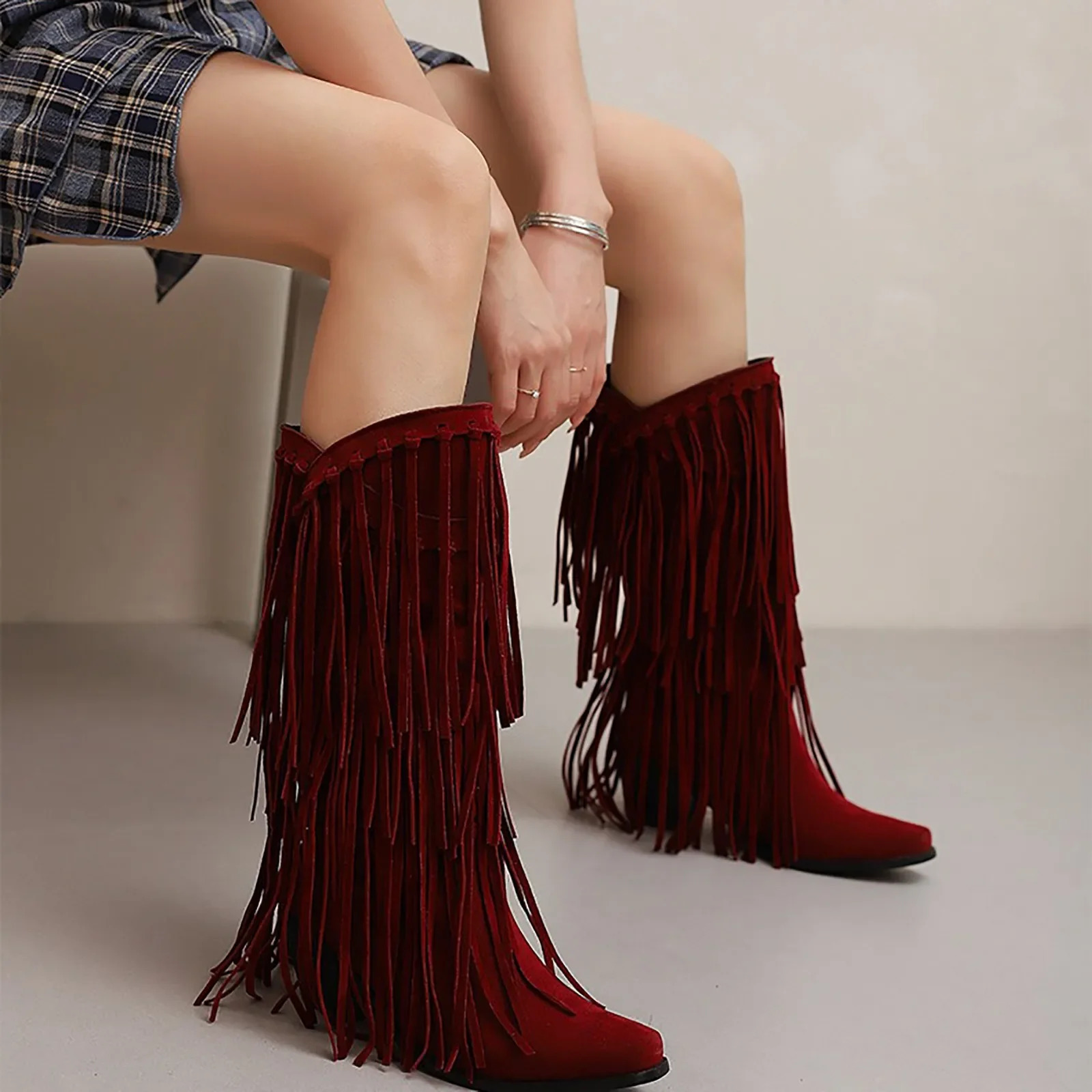 Large Size 45 Women Retro Ethnic Western Cowboy Boots Block Medium Heels Tassel Fringe Kneehigh Boot Lady Winter Shoes Free ship 250716