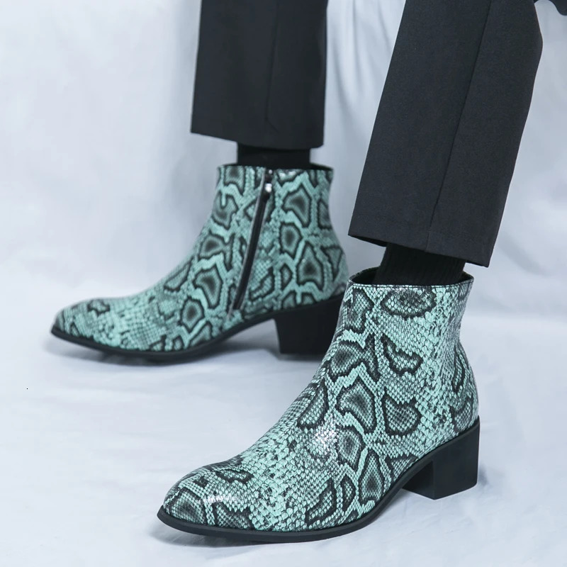 Spring Serpentine Leather Printing Men Cowboy Ankle Boots Show Party Motorcycle Short Boots Increase Height Dress Sapatos Social 250715