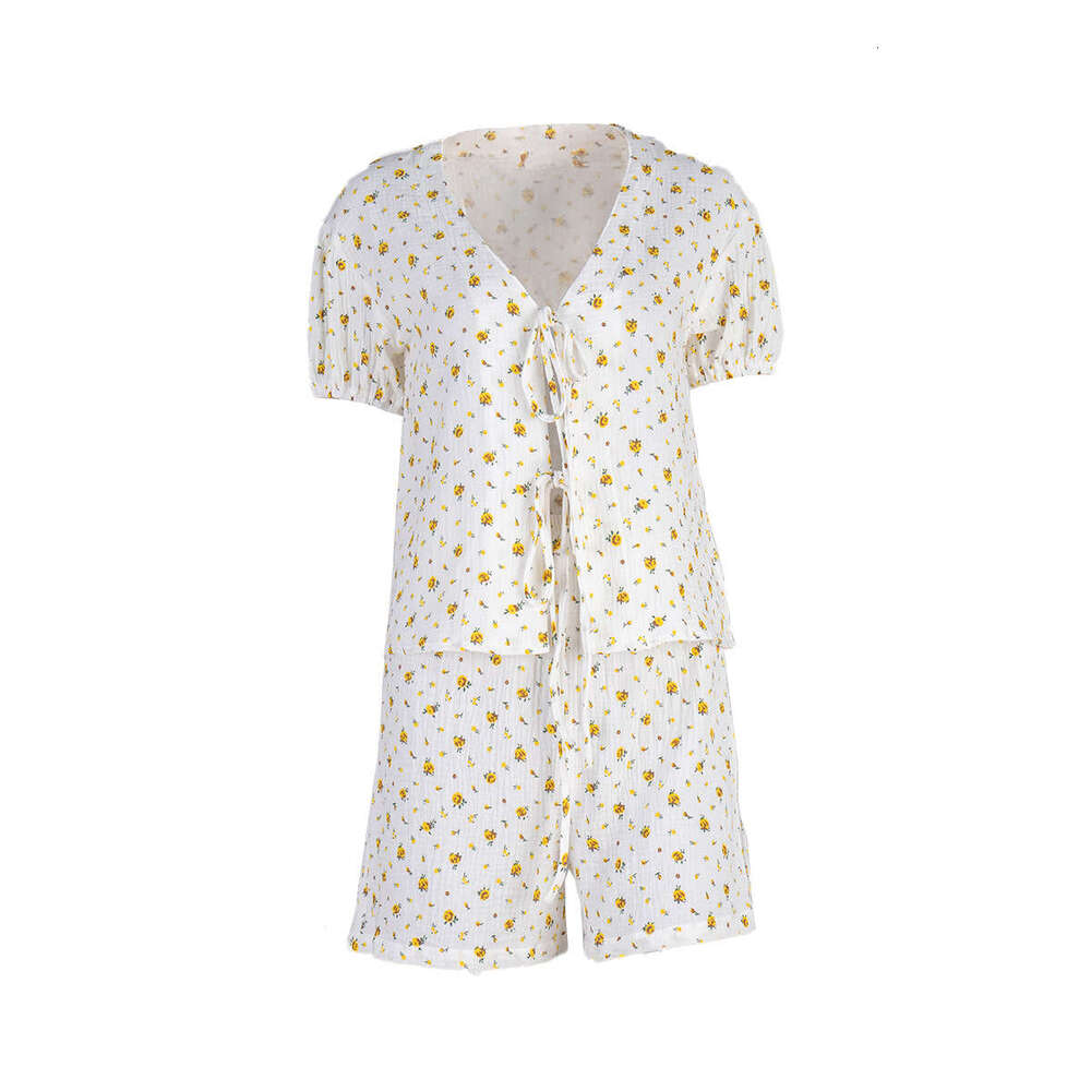 Pure Cotton Printed Short Set Summer New Tie Strap Puff Sleeve Loose Shorts B5