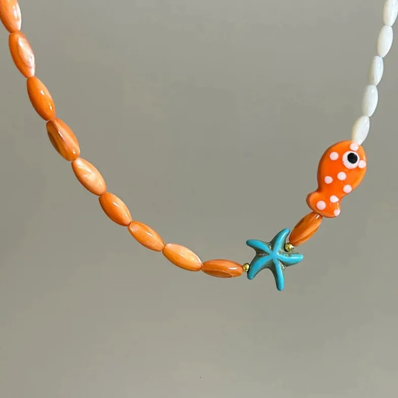 Cute Orange Ceramic Fish Necklace for Her Romantic Small Fish Starfish Necklace Summer Beach Jewelry for Gift 250715