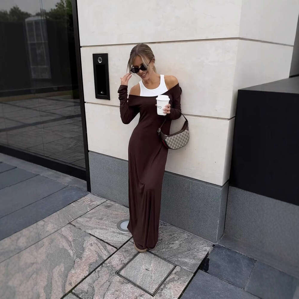 New Long Sleeve Patchwork Fake Two-Piece Vest Sexy Modal Elegant Dress B5