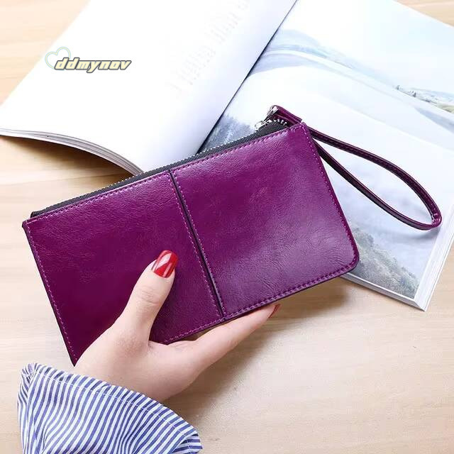 Womens Vintage Oil Wax Leather Zipper Clutch Female Large Capacity Coin Purse Ladies Wristband Simple Card Holder Wallet ddmynov