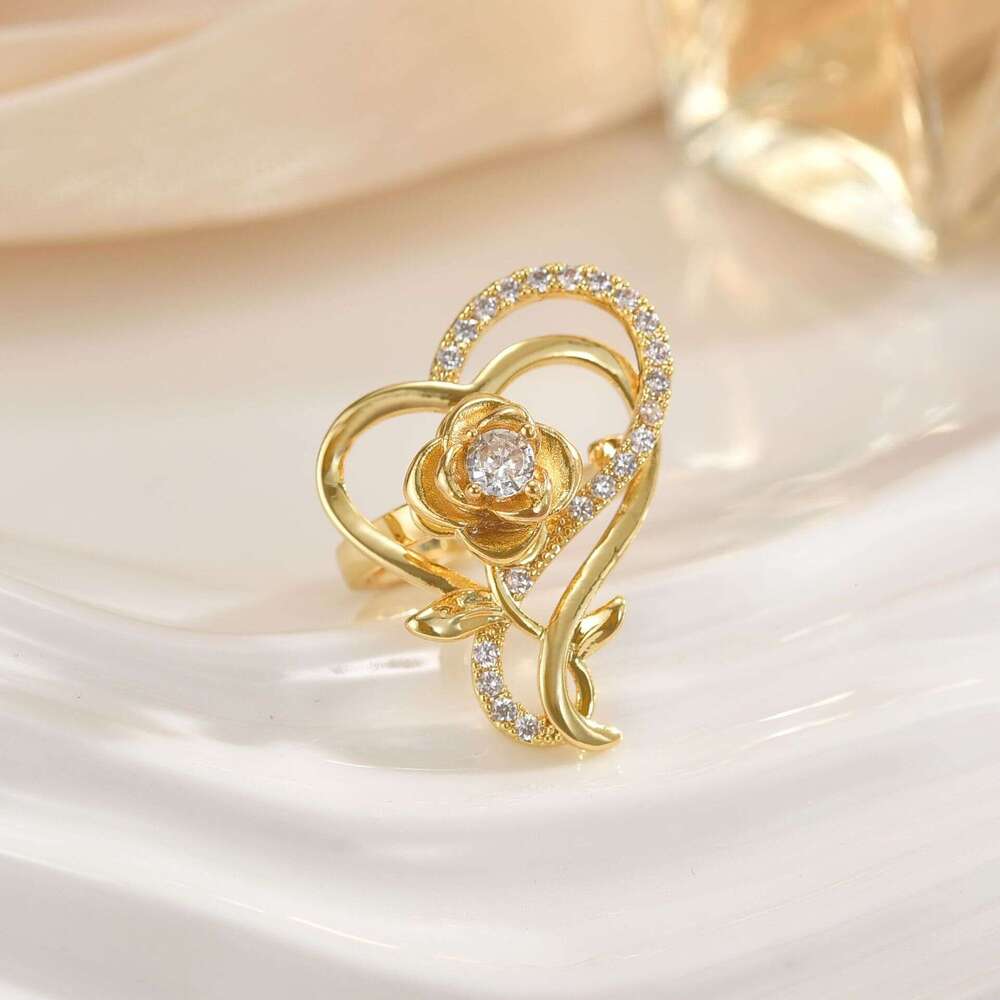 Real Gold Color Retention Lucky Clover Korean Style Inlaid Diamond Fortune Rotating Fashion Adjustable Open Ring D53
