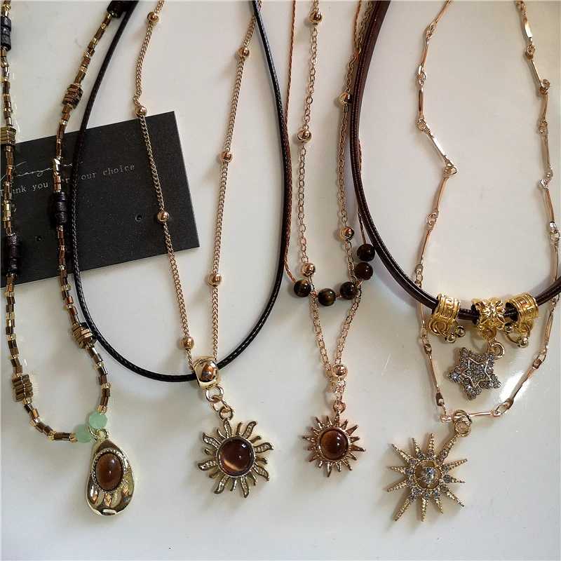 2025 Trendy Sun Star Zircon Necklaces For Women Vintage Leather Necklace Double Layered Pendant Chain Choker Fashion Jewelry XJ250717