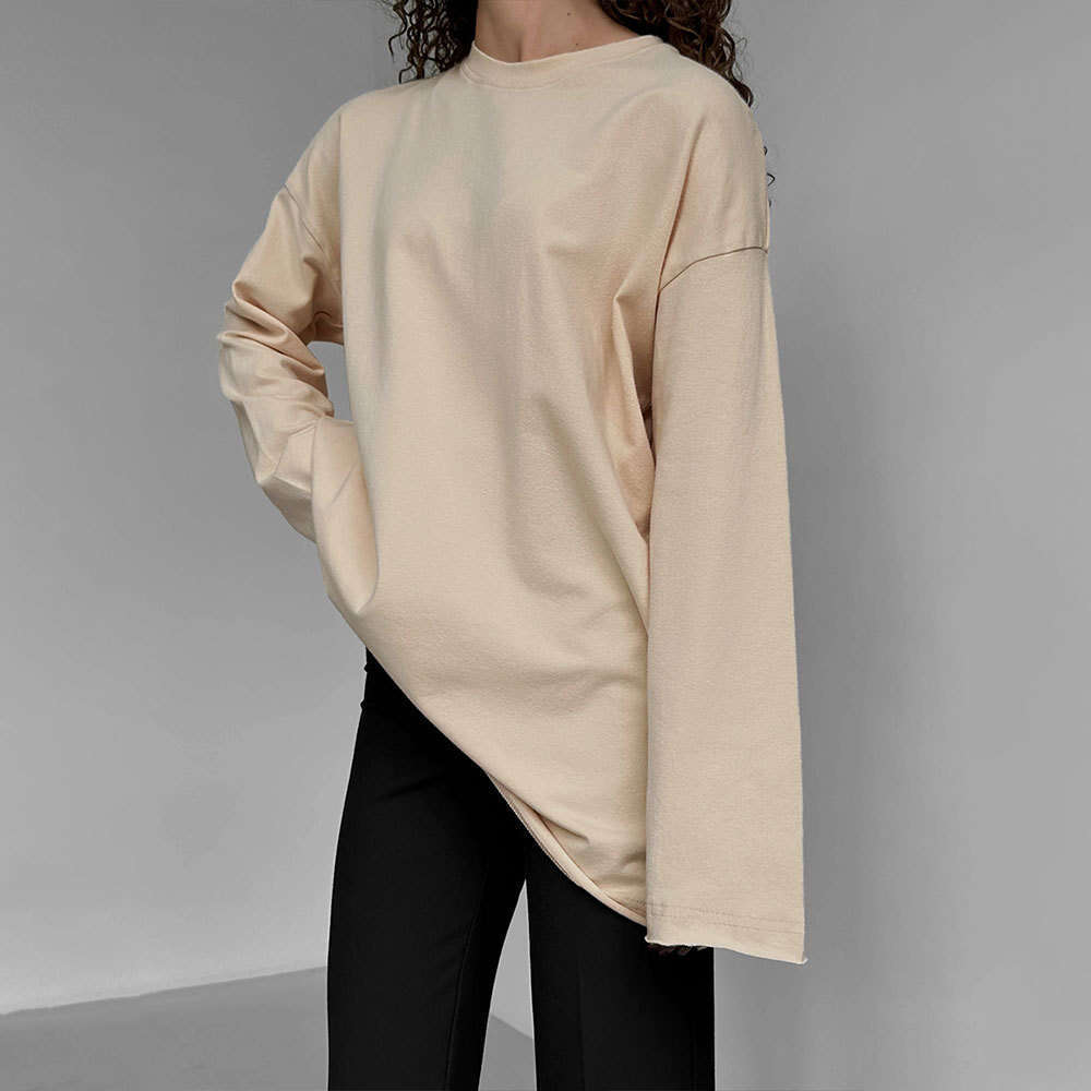 100% Cotton T-Shirt For Women Spring New Loose Solid Color Oversize Round Neck Long Sleeve Tee B5