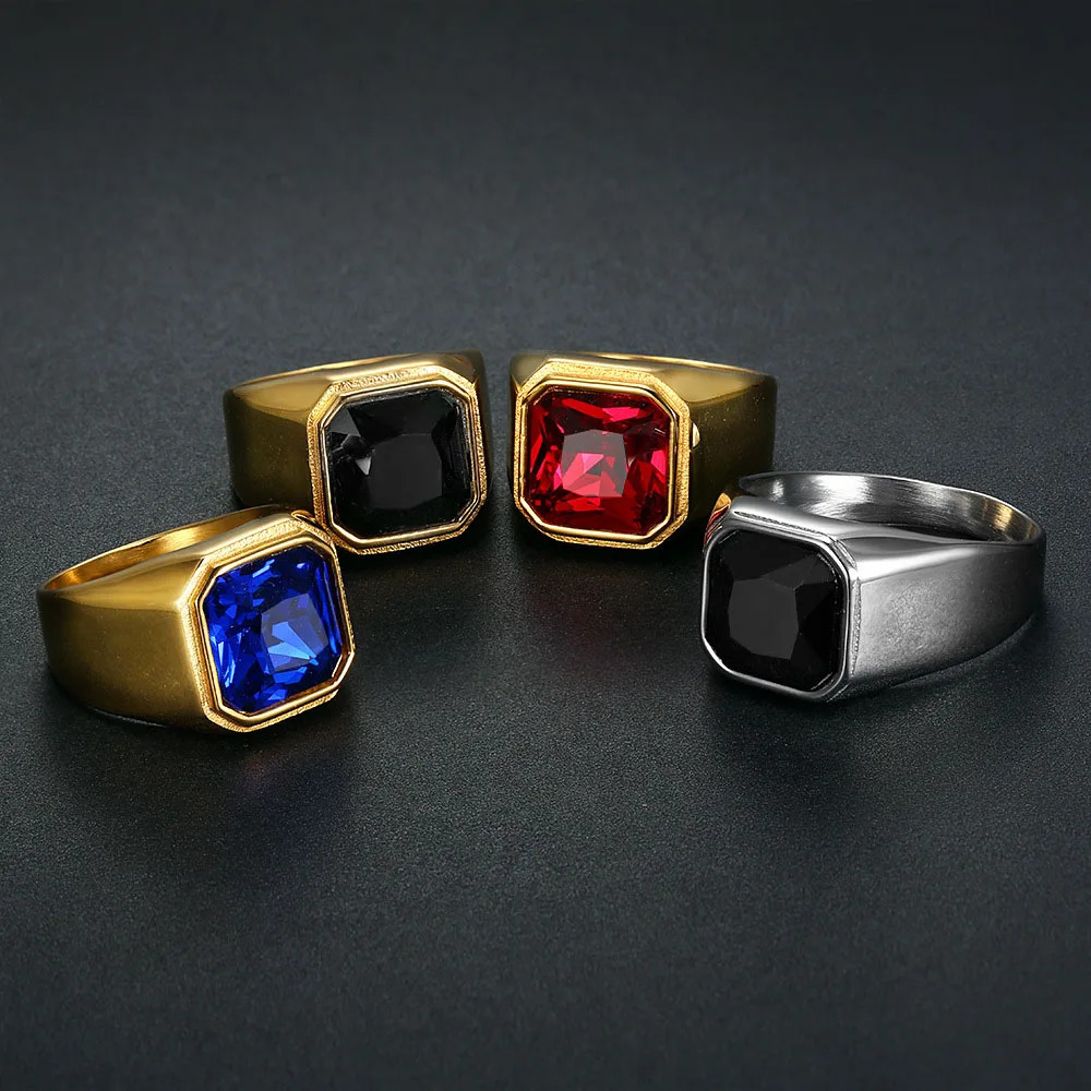 Classic Red/Blue/Black Stone Ring Men And Women Punk Hip Hop Stainless Steel Big Stone Biker Ring Jewelry Gifts Drop 250716