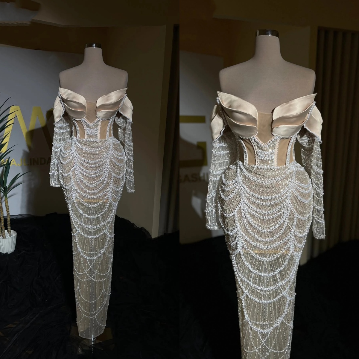 Fashion Mermaid Women Evening Dresses Sweetheart Long Sleeves Gown Pearls Sequins Dress For Party Custom Made
