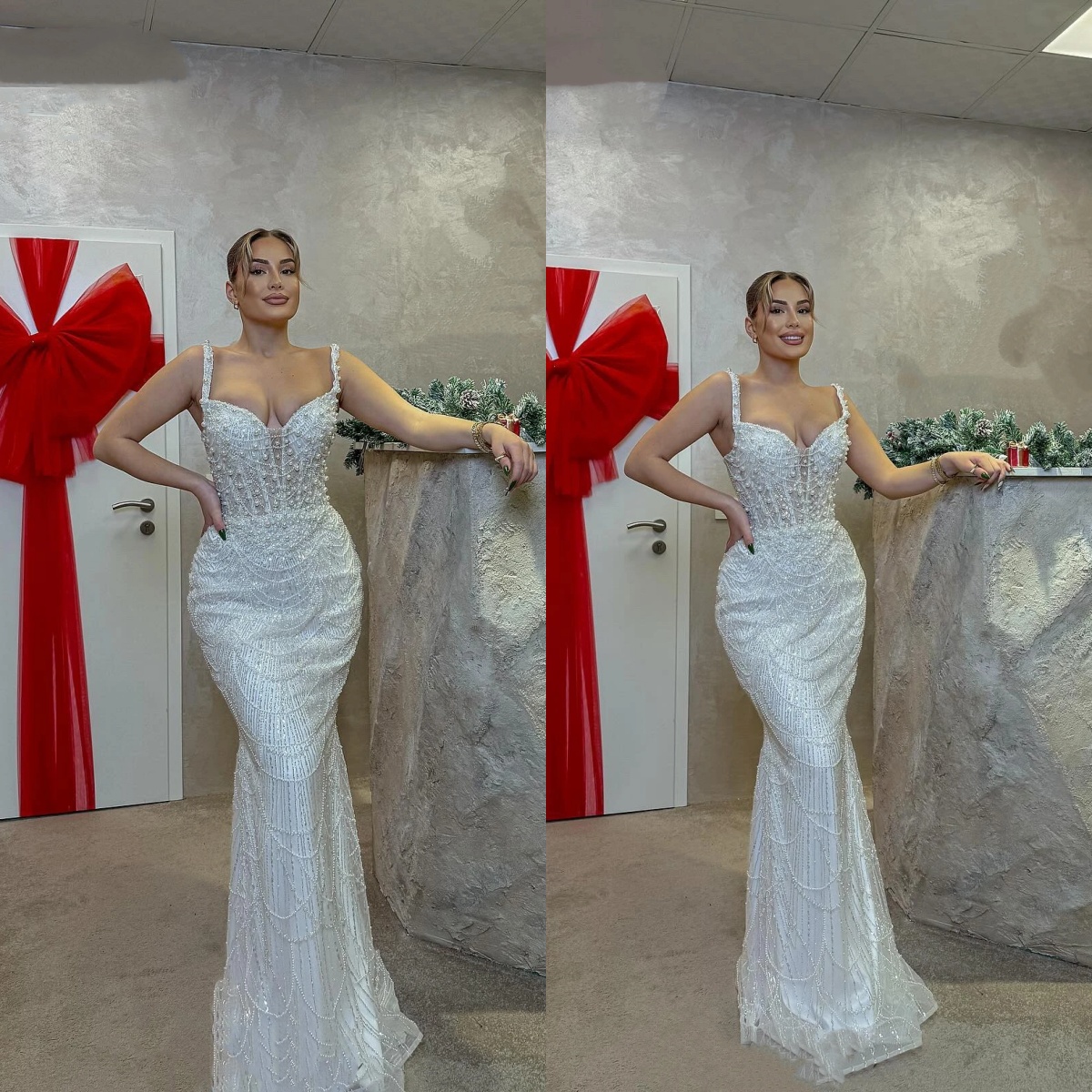 Classic Mermaid Wedding Dress Spaghetti Straps Sleeveless Bridal Gowns Pearls Beaded Sweep Train Dresses Custom Made vestidos de novia