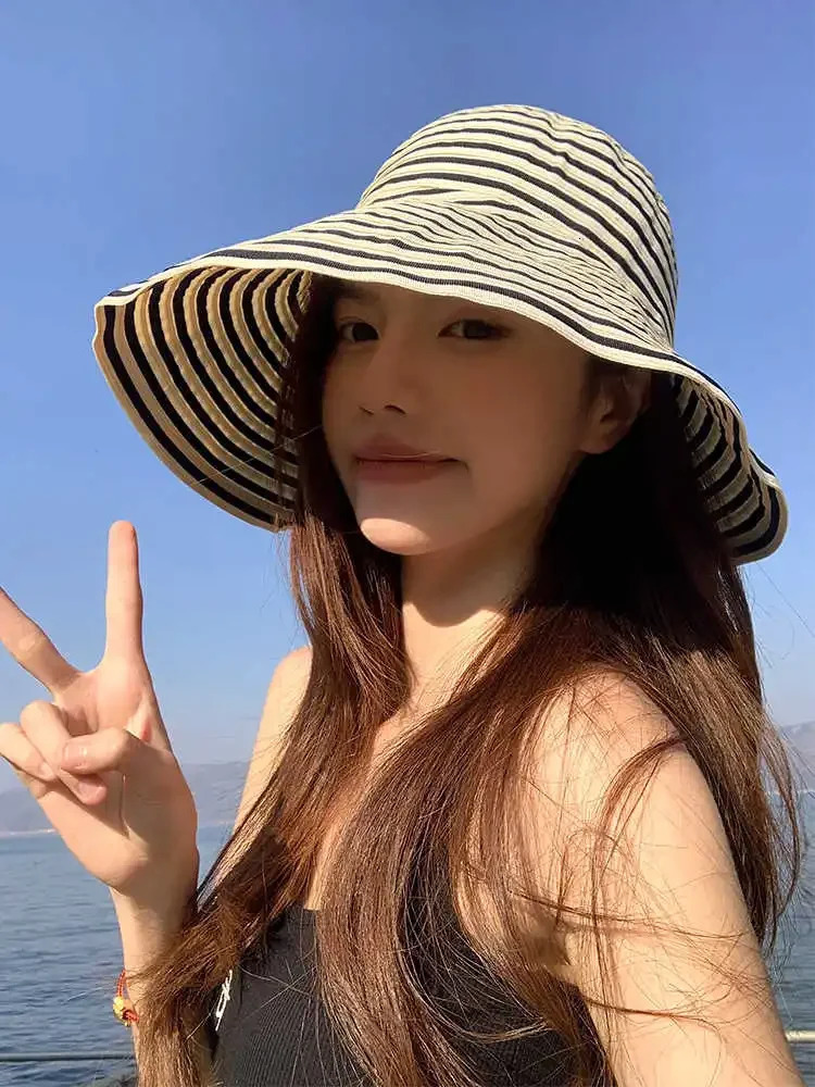 Japanese Style Foldable Summer Striped Wide Brim Sun Hat for Women - Stylish UV Protection Oversized Bucket Hat with Long Brim 250716