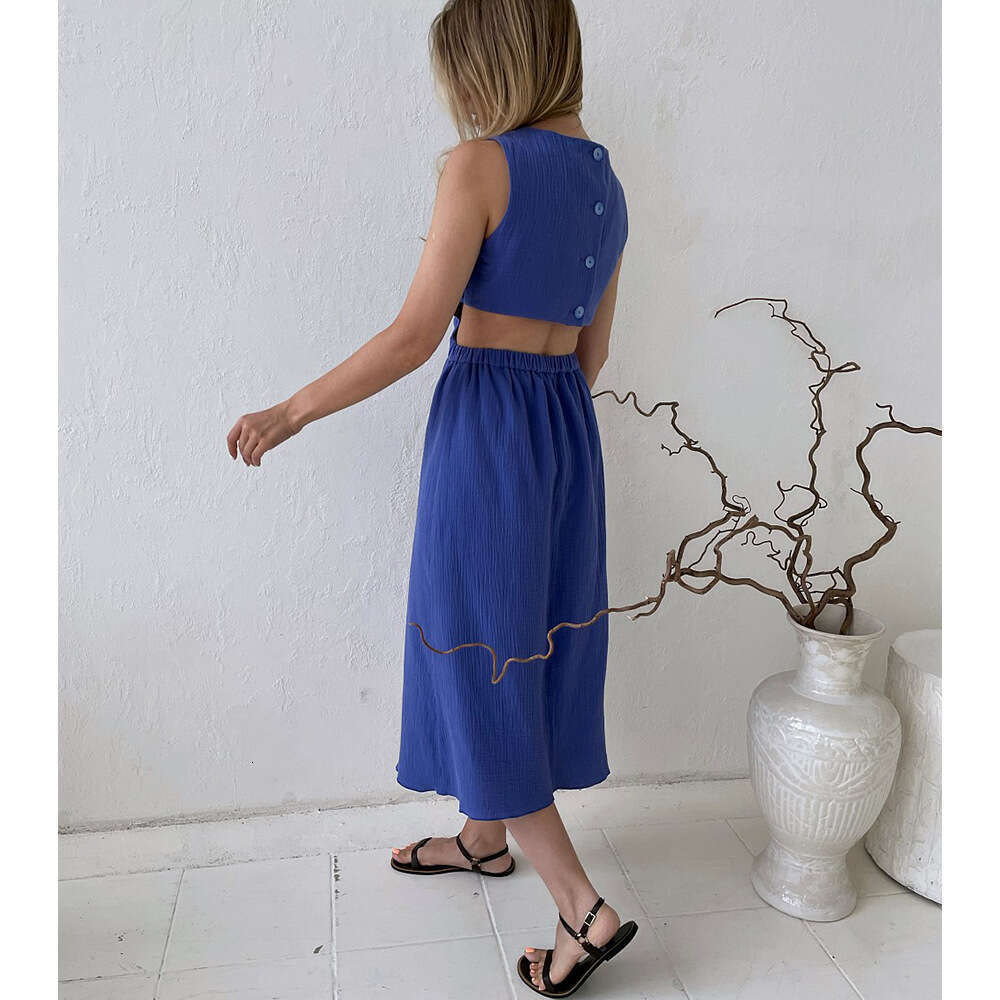 Double Layer Zou Fabric Summer Fashion Casual Back Single Button Waist Design Tank Dress B5