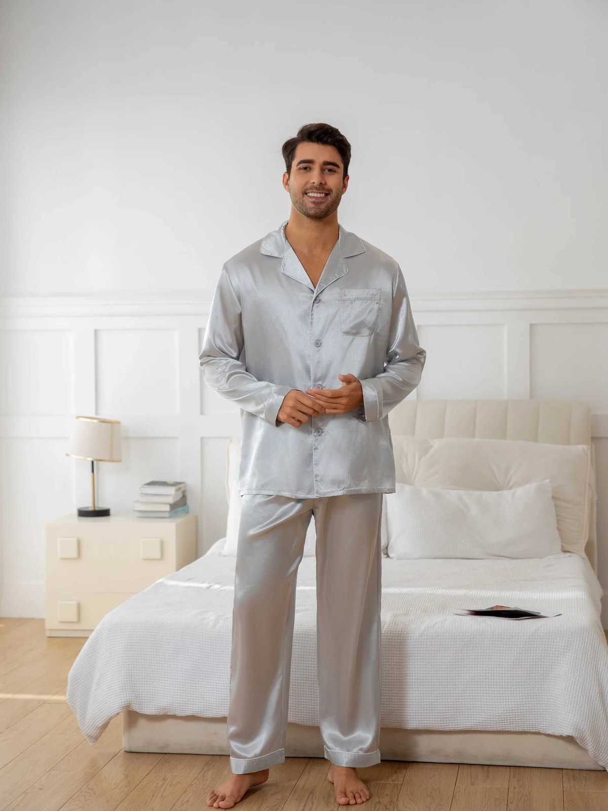 Mens Pajama Set Spring/Summer New Satin Solid Color Casual Button Down Shirt Elastic Waistband Long Pants Pajamas for Home W250717