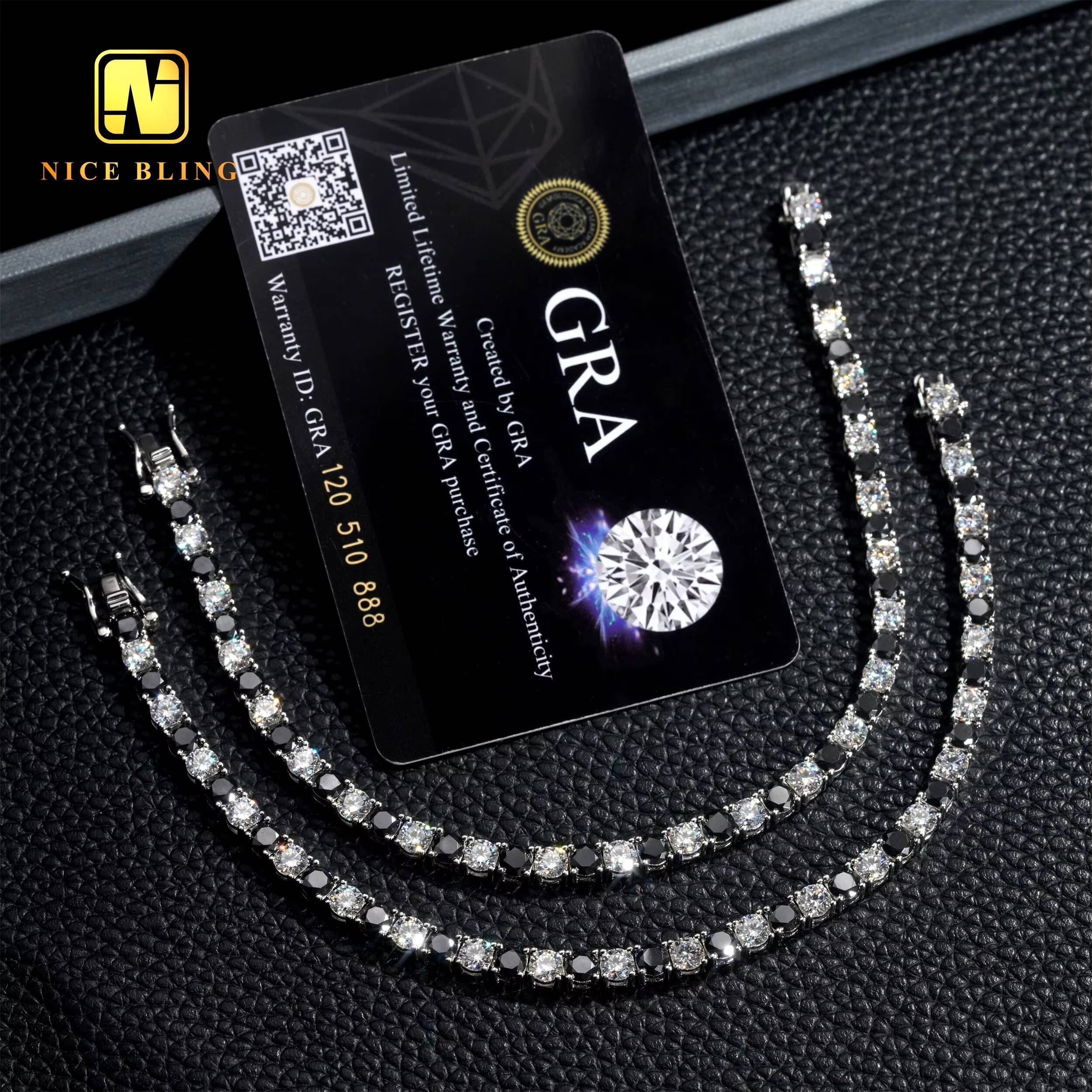 Hip Hop Rappers 4MM Moissanite Tennis Chains 4mm Black and White Lab Diamond Tennis Necklace Bracelets for Men Women