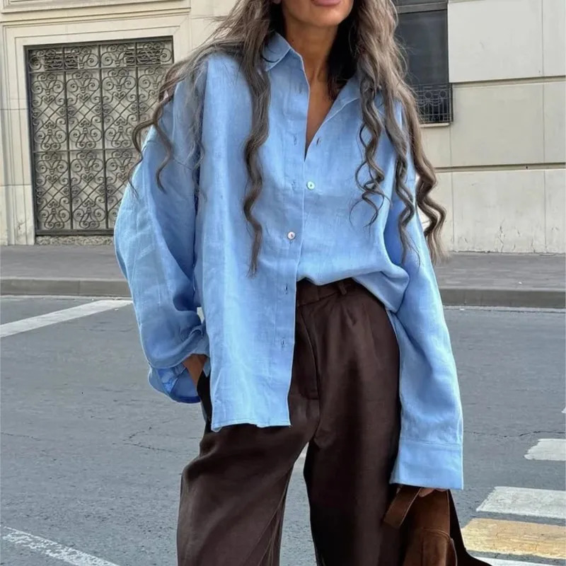 D.Nale K White Womens Linen Shirts Elegant Long Sleeve Loose-Fitting Woman Blouse Vintage Basic Top Collar Shirt for Women 250715