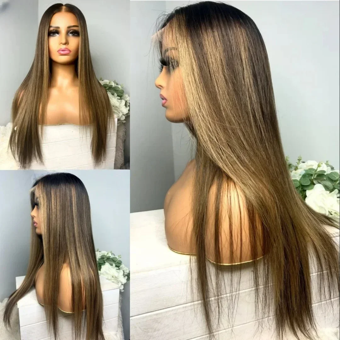 straight brown highlight wig human hair hd lace frontal wig 13x4 raw hair ombre ash blonde colored straight lace front wigs