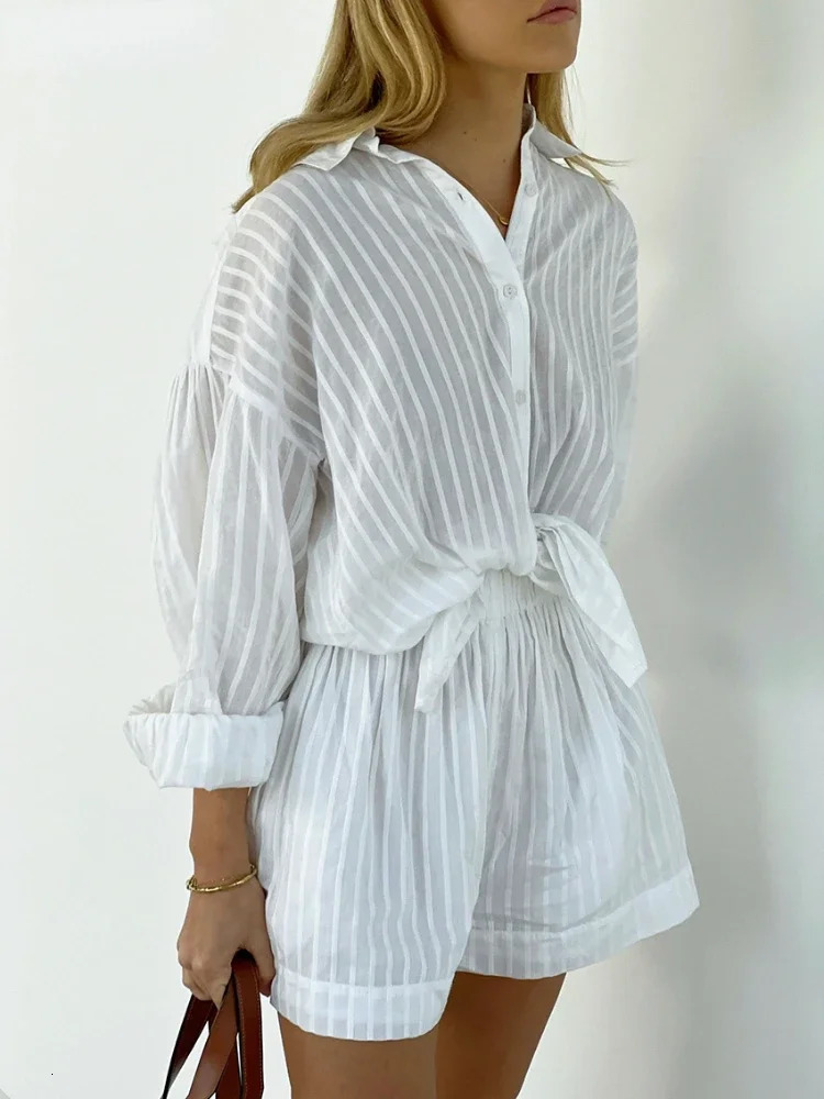 Wolfeel Casual Shorts Sets Striped Jacquard 2 Pieces Cozy Lapel Lantern Sleeve Shirt Summer Outfit Elastic Waist Suits 250714