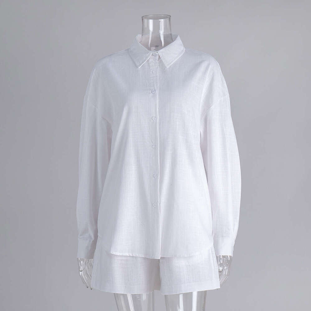 Pure Cotton Cardigan Long Sleeve Shorts Set Spring Summer Casual Solid Color Style Women's Outfit B5