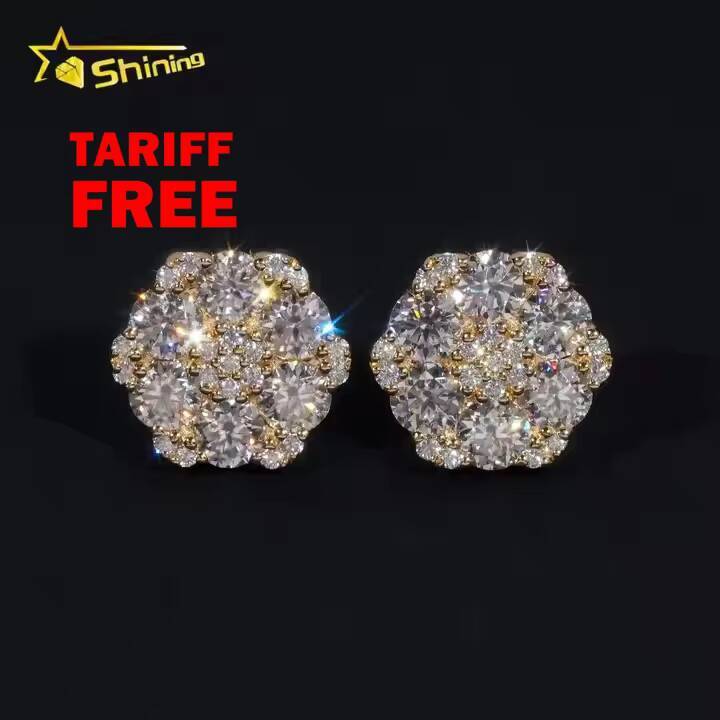 Fine Jewelry Big Luxury Cluster Flower Hip Hop 925 Sterling Silver Moissanite Stud Earrings