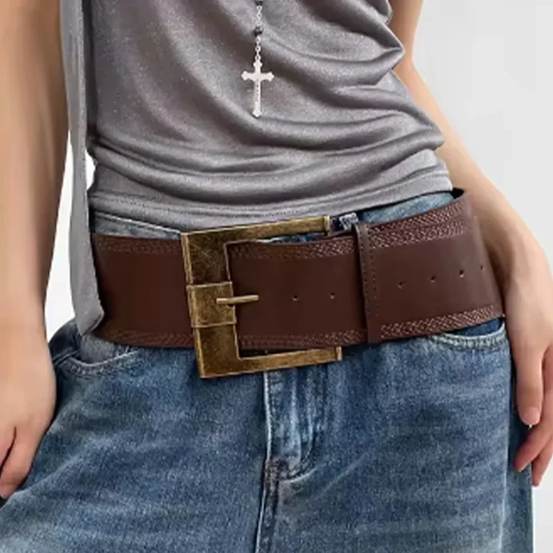 Vintage Wide Belts American Spice Girls Waist Closing PU Leather Girdle Square Antique Copper Buckle Men Women Jeans Accessories 250717