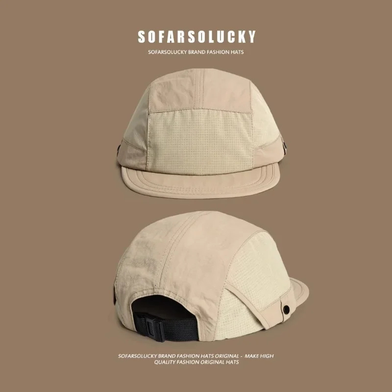 2025 Splicing Quick-drying Flat-brimmed Hats for Men and Women Summer Casual Sunscreen Japanese Retro 5-panel Baseball Cap 250712