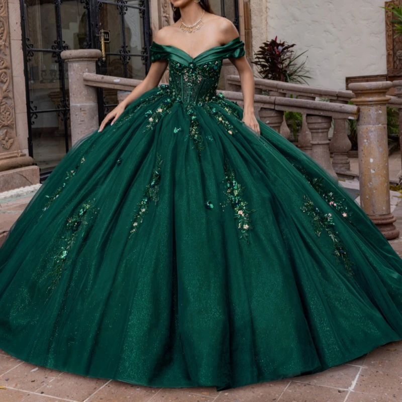 Blackish Green Shiny Off The Shoulder Ball Gown Quinceanera Dresses Sequin Appliques Lace Beads Tull Sweet 16 Dress vestidos 15 De Anos