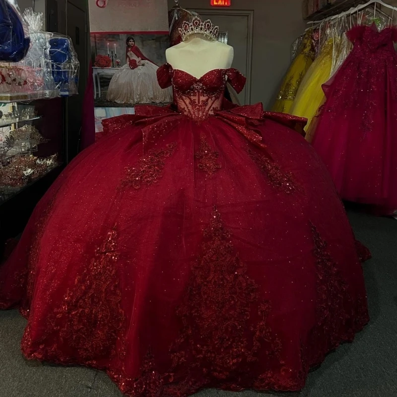 Red Shiny Quinceanera Dresses Ball Gown Off The Shoulder Applique Lace Beads Bow Tull Party Birthday Sweet 16 Dress Vestidos 15 De Anos