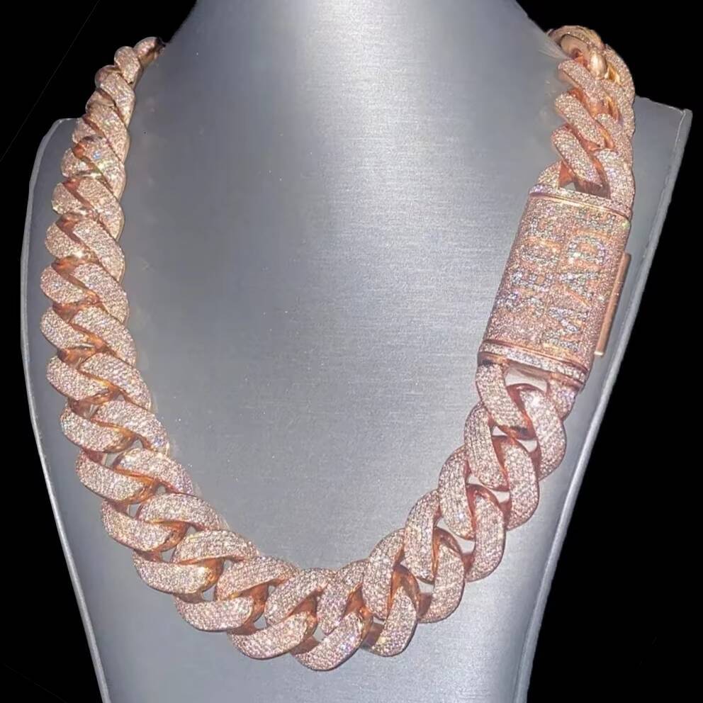 Thick Cuban Link Chain VVS Diamond 925 Silver Pink Rose Gold Plated Iced Out Miami Moissanite Cuban Chain
