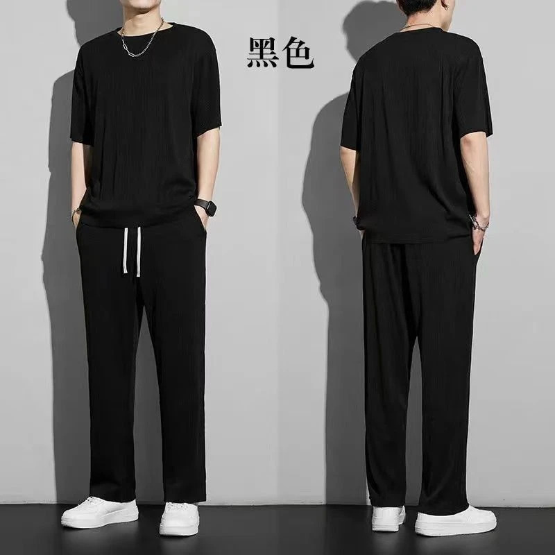 Ice Silk Sports Suit Mens Summer Thin Casual Long Trousers Short-sleeved T-shirt Ins Quick-drying Drooping Clothes Set 250715