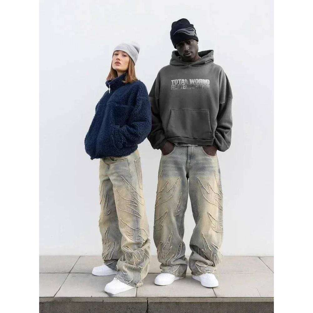 2024 American New Fashion Patch Baggy Casual Jeans For Men And Women Y2k Street Haruku High Waist Wide Leg Denim Trousers