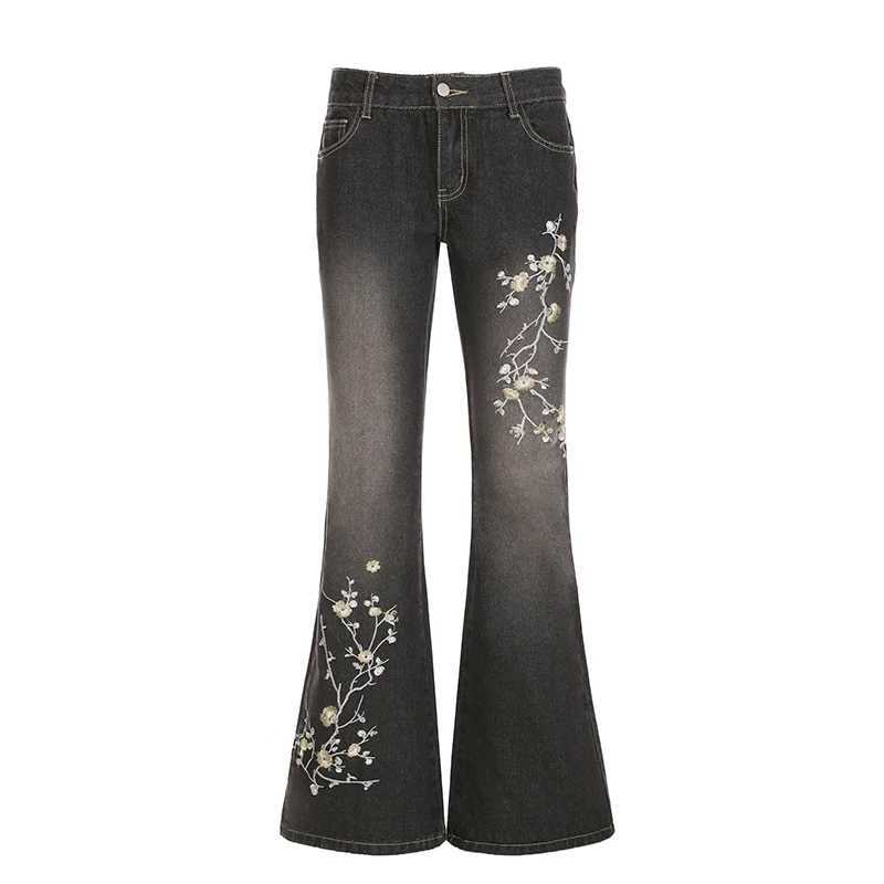 HEYounGIRL Y2K Plant Embroidery Flare Jeans Streetwear Vintage Fashion Women Slim Denim Trousers Grunge Harajuku Pants Outfits R250716