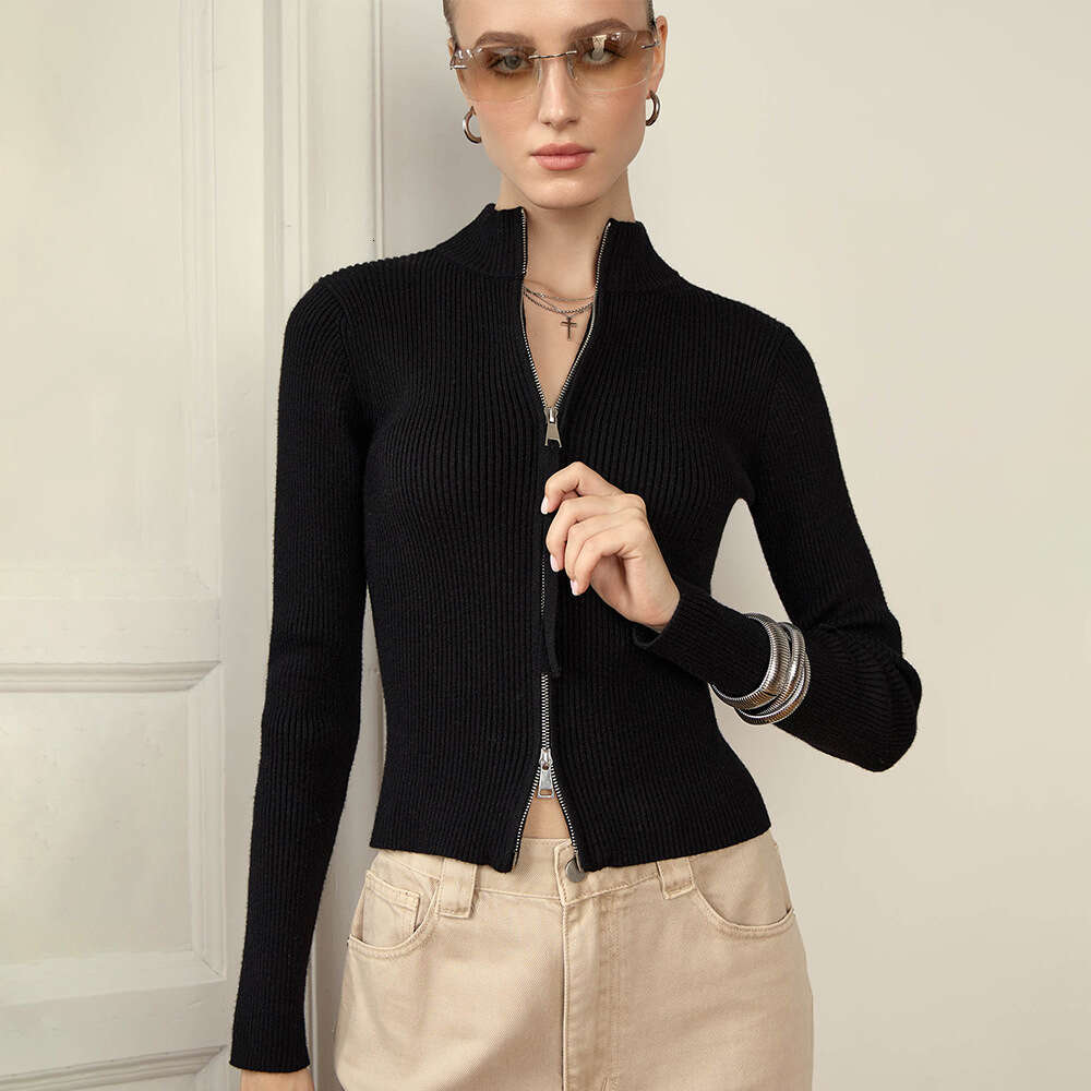 Stand Collar Slim Fit Long Sleeve Autumn Winter New Double Zipper Cardigan Warm Knitted Jacket For Women B5