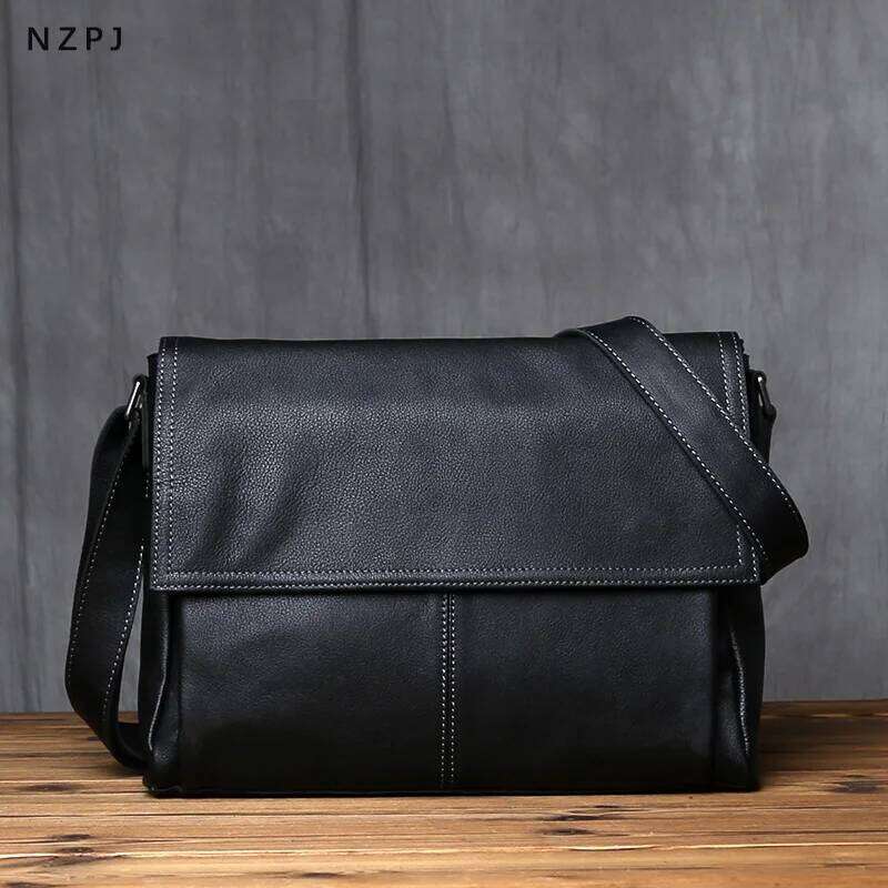 NZPJ Genuine Leather Top Layer Cowhide Shoulder Bag, Solid Color Tablet Computer Trend Men's Bag