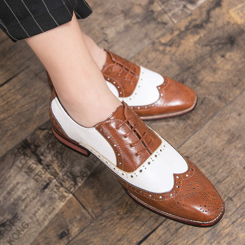 Brogue Leather British Style Carved Pattern Color Block Casual Studio Wedding Photo Black and White Large Size Men's Shoes