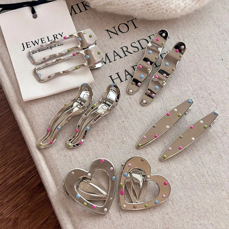 Colorful Polka Dot Silver Y2K Hair Side Clips for Women Elegant Metal Duckbill Clip Side Bangs Barrettes Girls Hair Accessories 250716